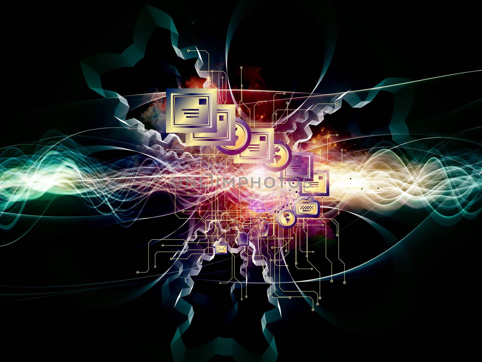 Composition of communication symbols, gears and abstract design elements on the subject of global communications, messaging, information exchange and modern technologies