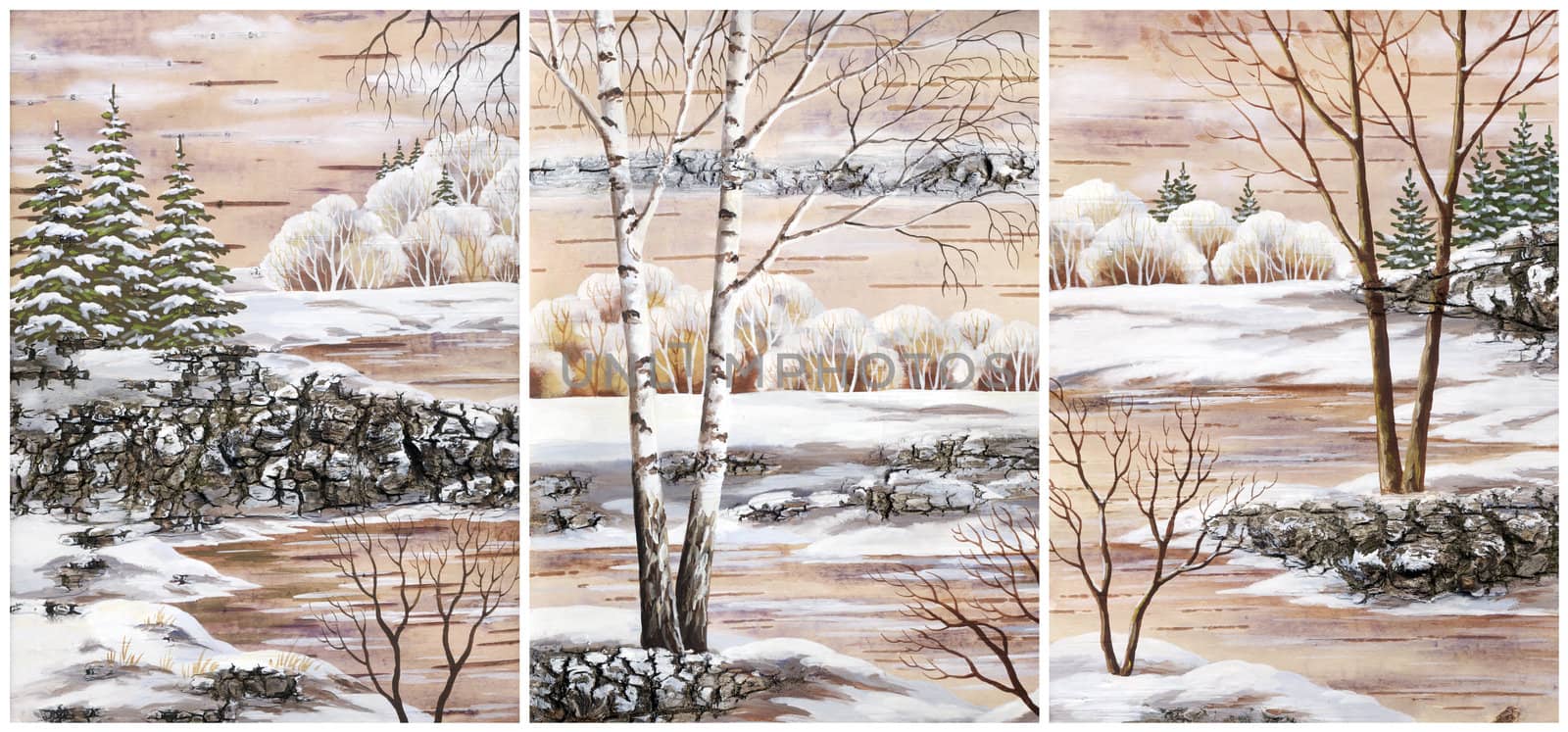 Landscapes, distemper on a bark by alexcoolok