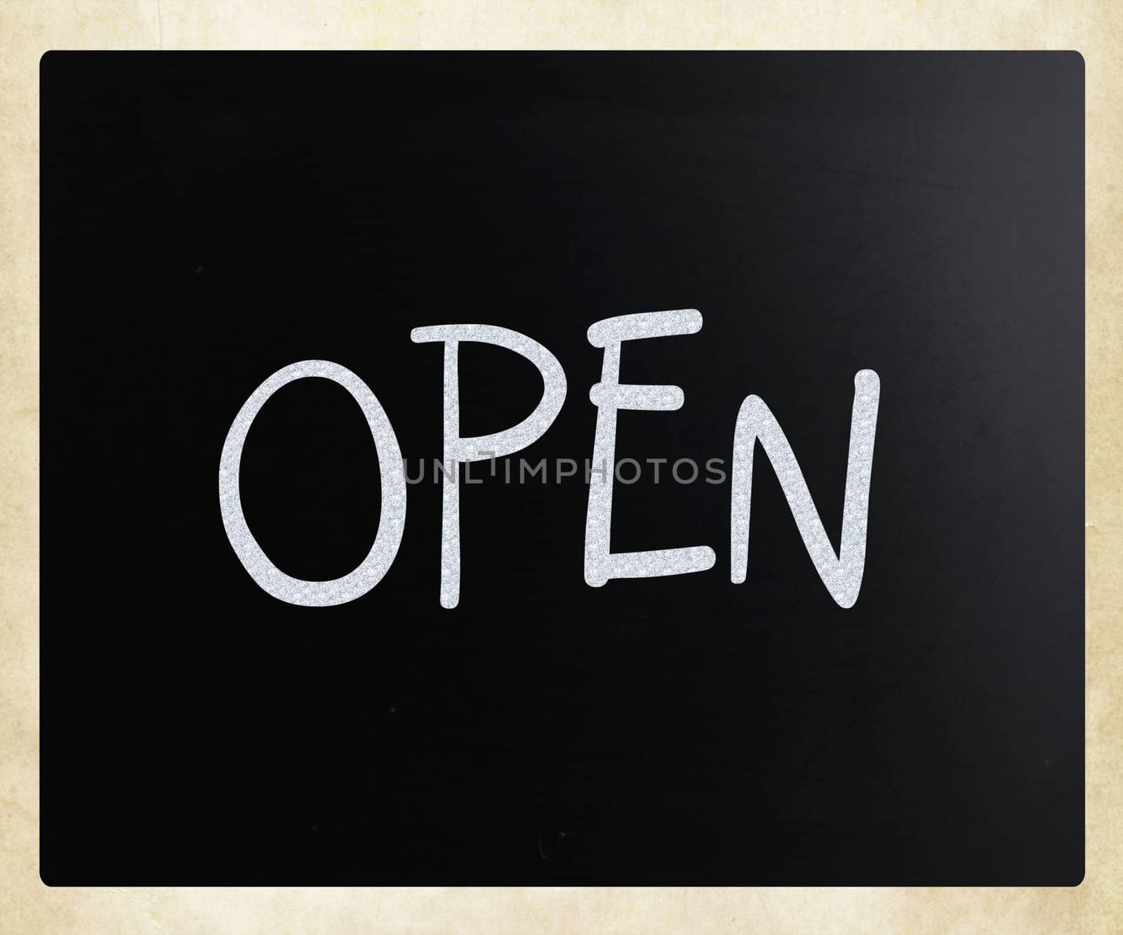 The word "Open" handwritten with white chalk on a blackboard