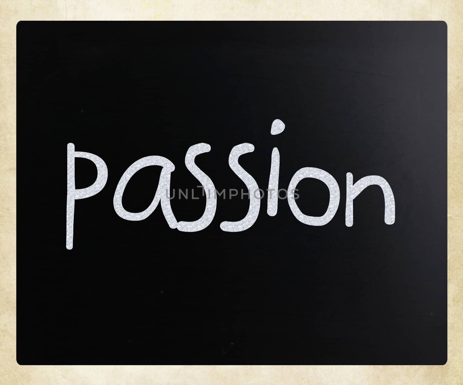 "Passion" handwritten with white chalk on a blackboard