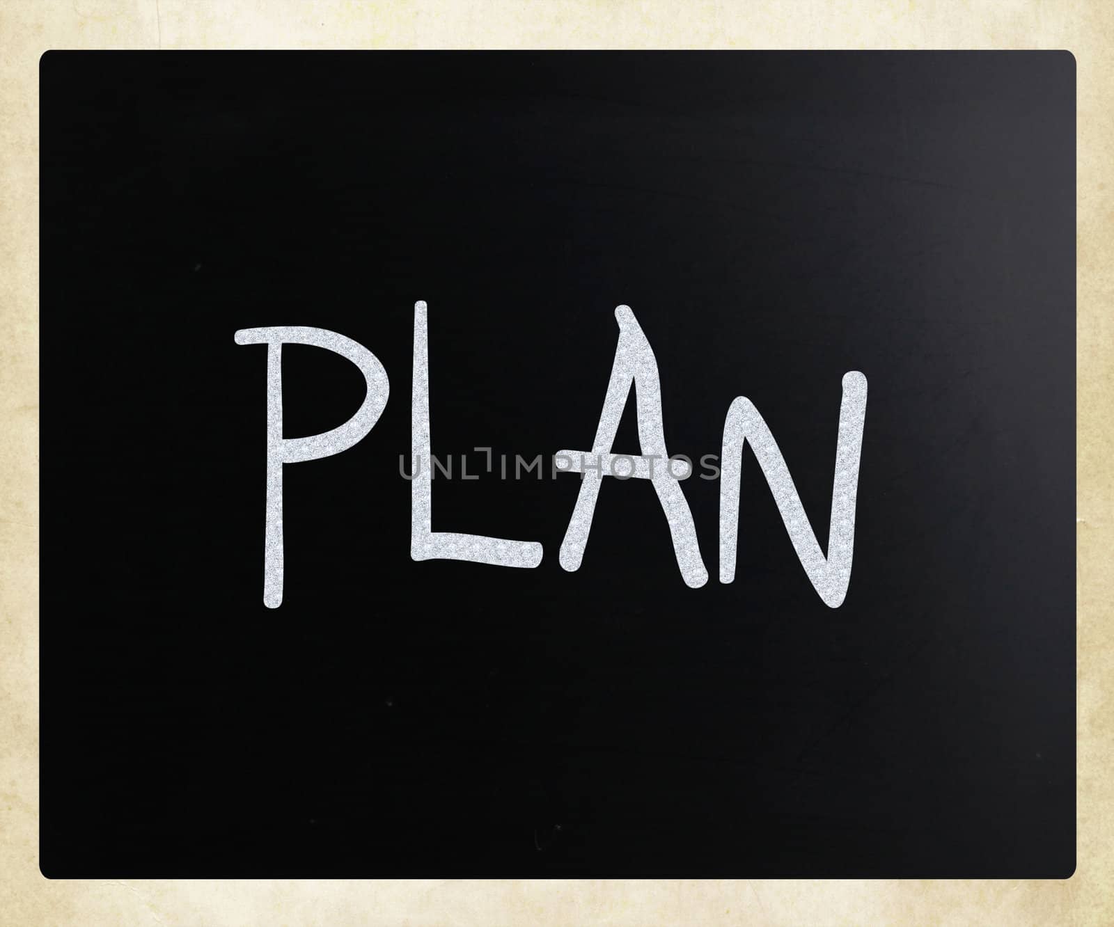 "Plan" handwritten with white chalk on a blackboard