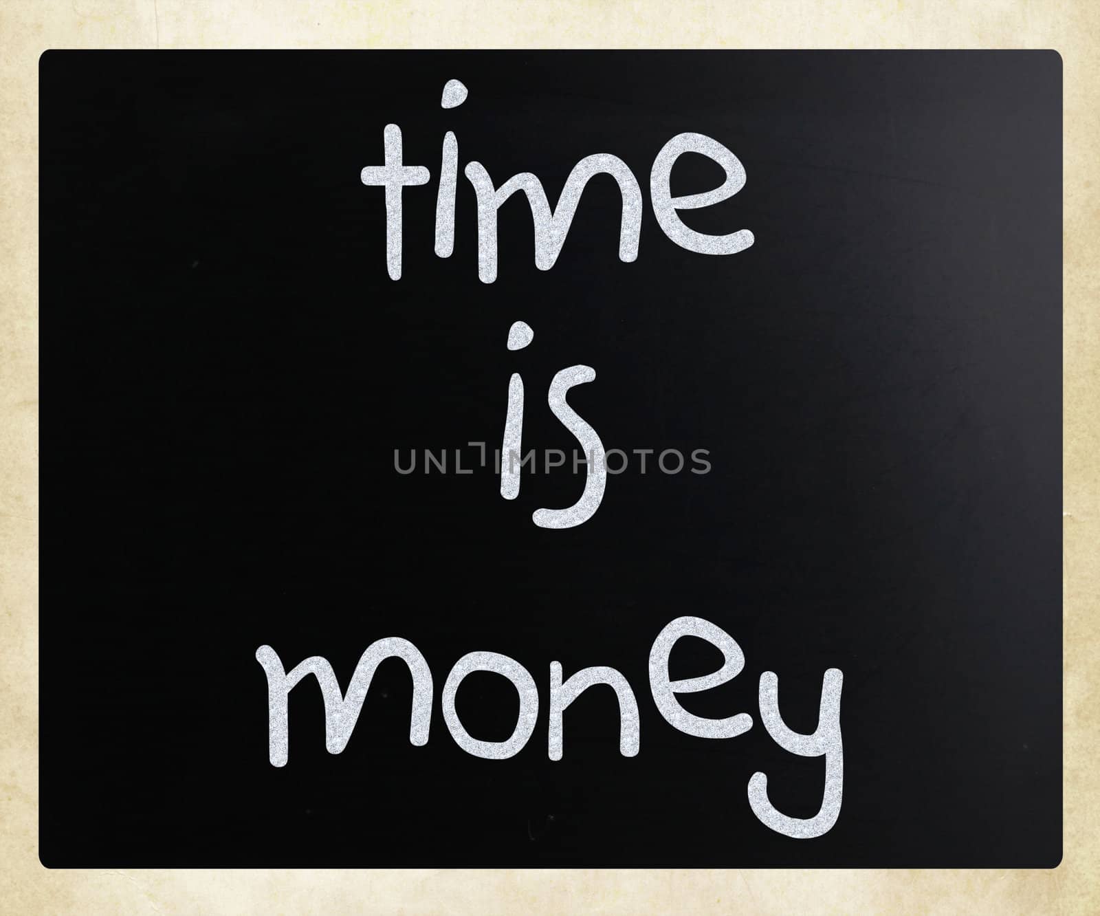 "Time is money" handwritten with white chalk on a blackboard