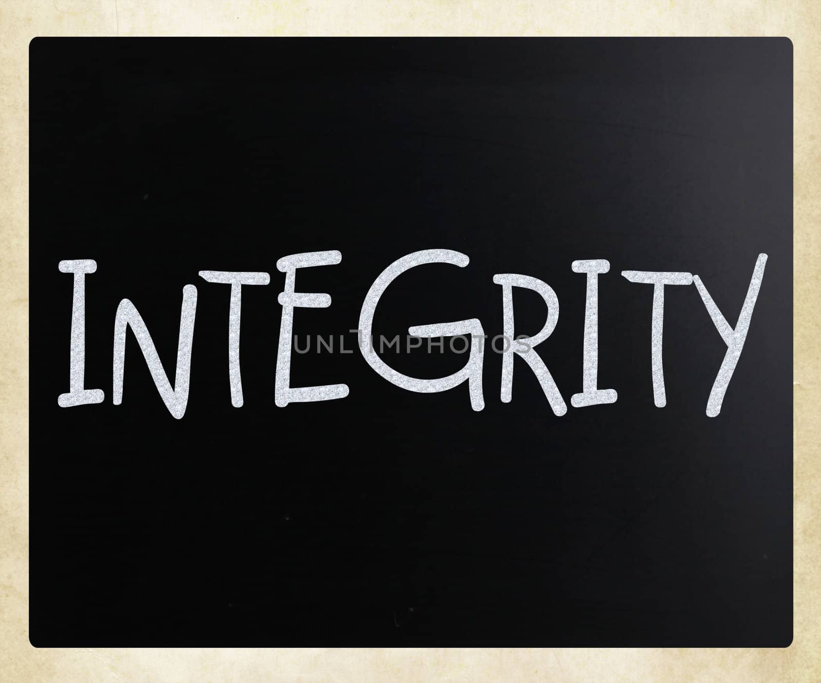 "Integrity" handwritten with white chalk on a blackboard