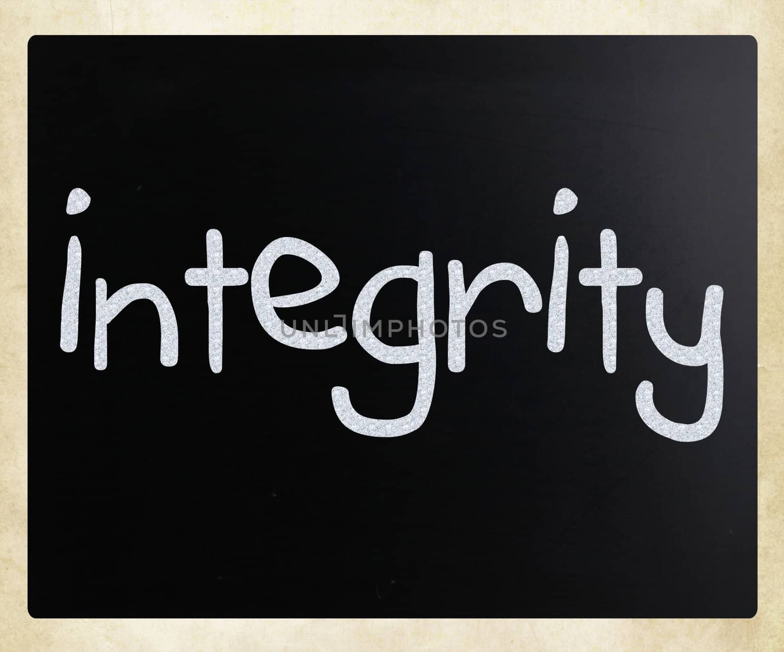 "Integrity" handwritten with white chalk on a blackboard