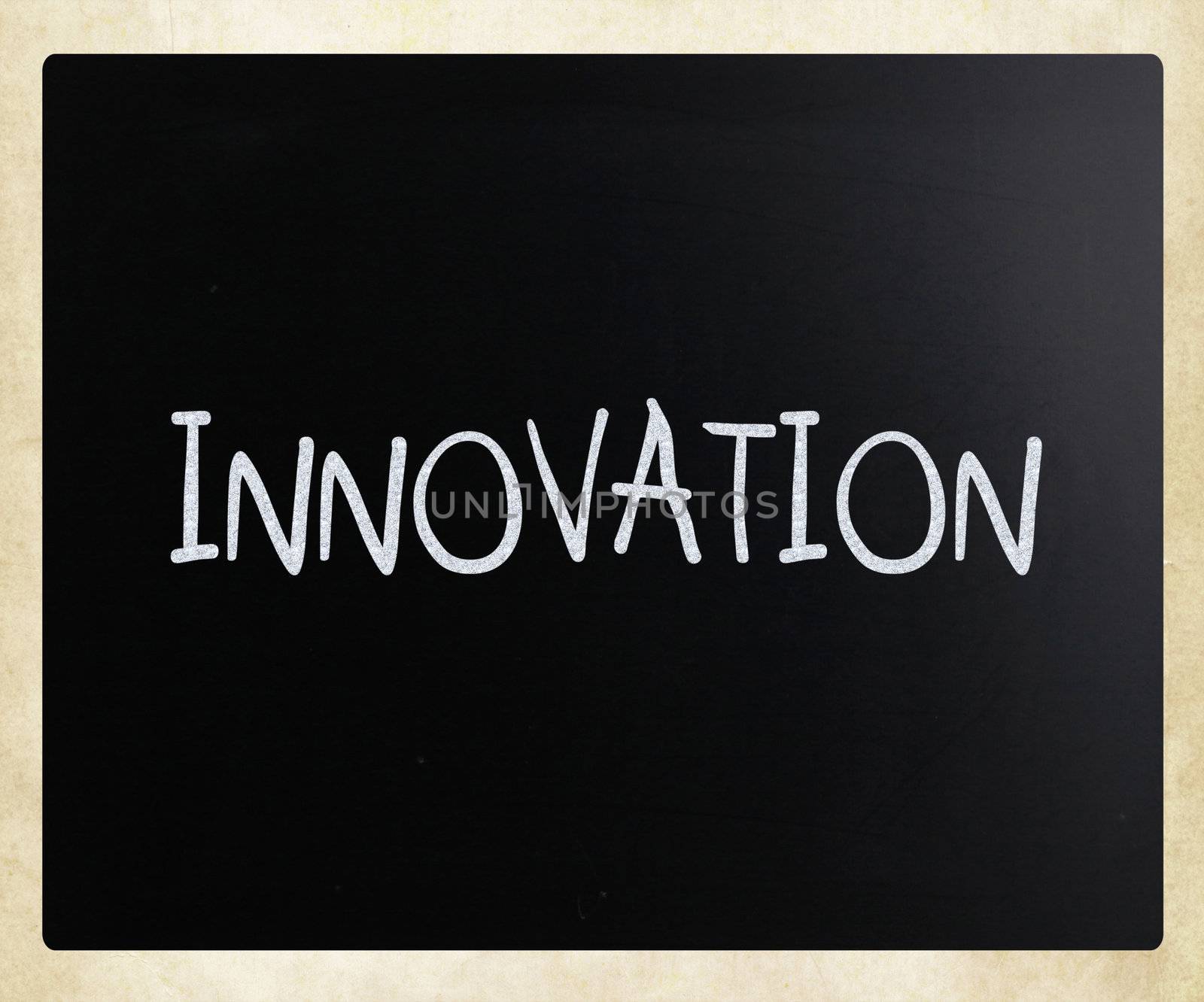 "Innovation" handwritten with white chalk on a blackboard