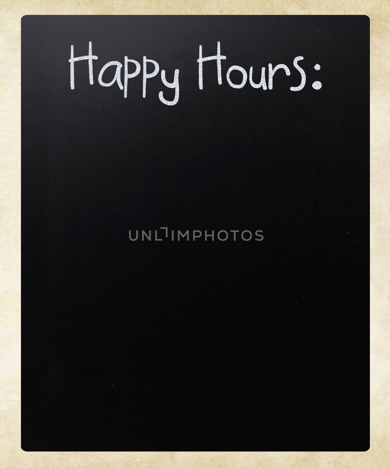 "Happy Hours" handwritten with white chalk on a blackboard
