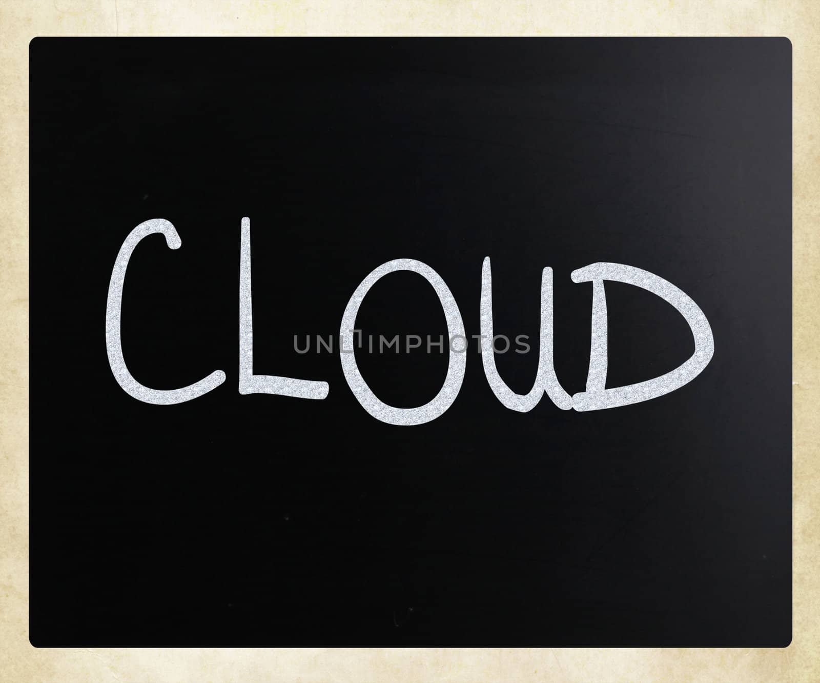 "Cloud" handwritten with white chalk on a blackboard