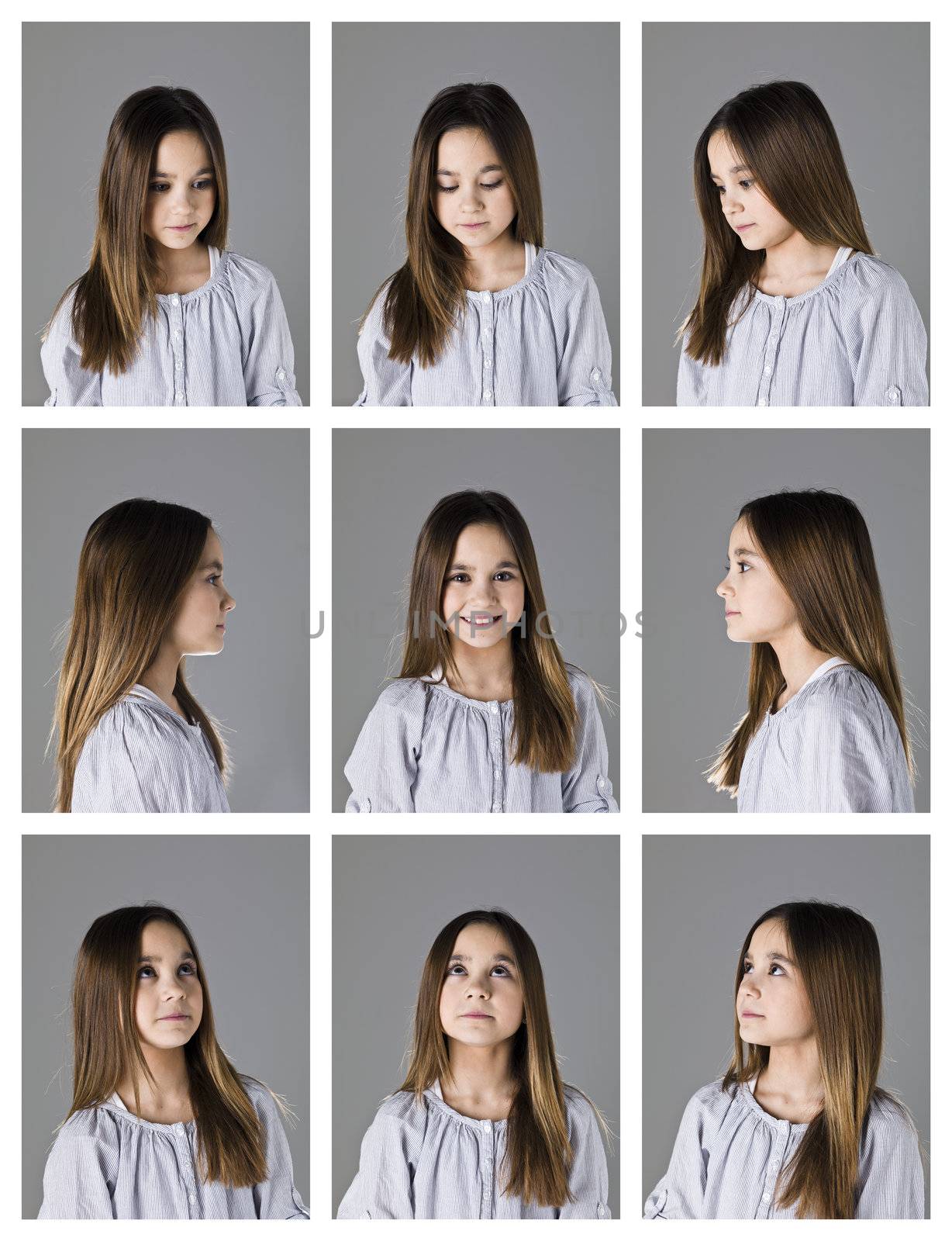 Collage of 9 portraits of a young girl on grey background