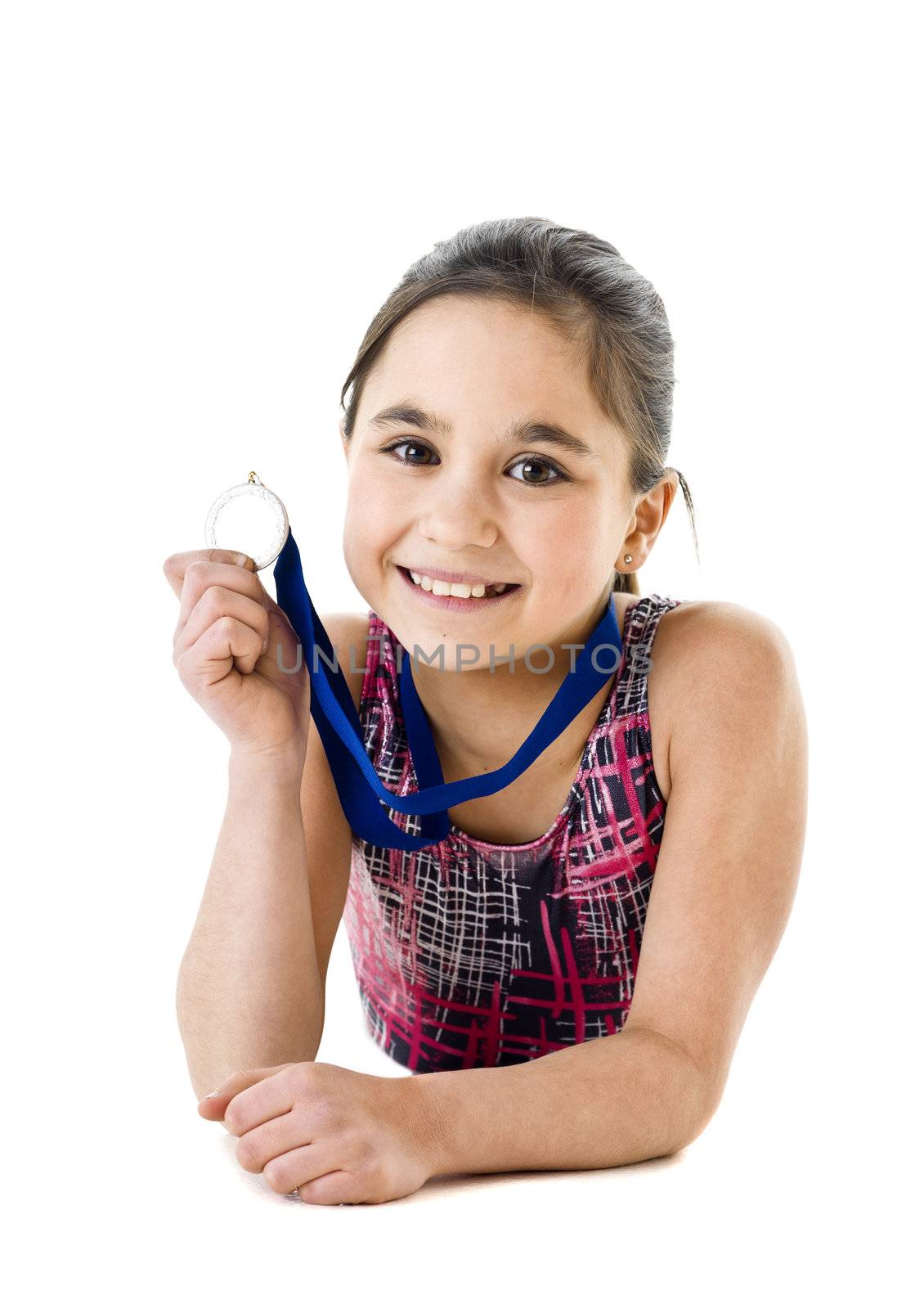 Portrait of a young girl with Medal on white background