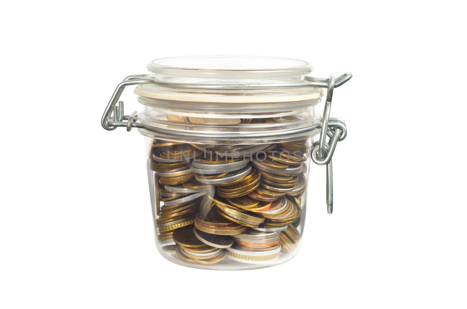 Coins in a jar isolated on white background