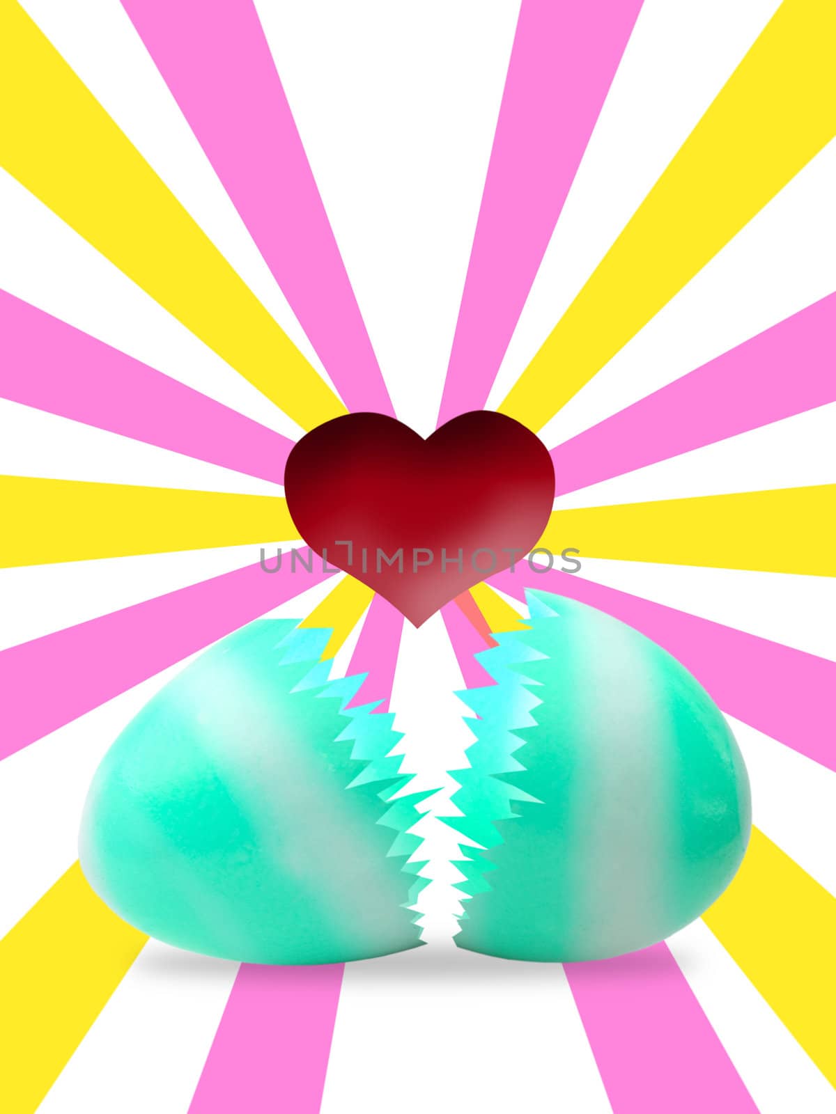 Easter egg with red heart inside with colorful lighting shine