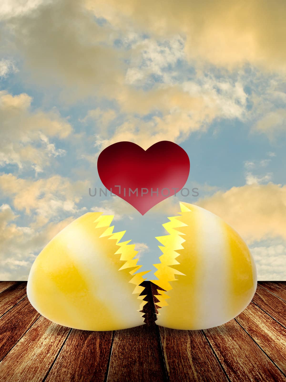 Red heart inside easter egg on wooden table