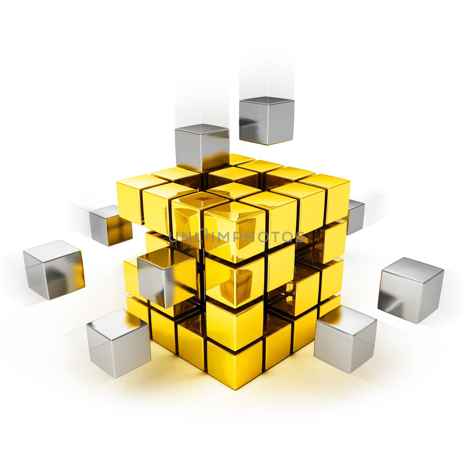 Teamwork concept - metal cubes assembling into gold one