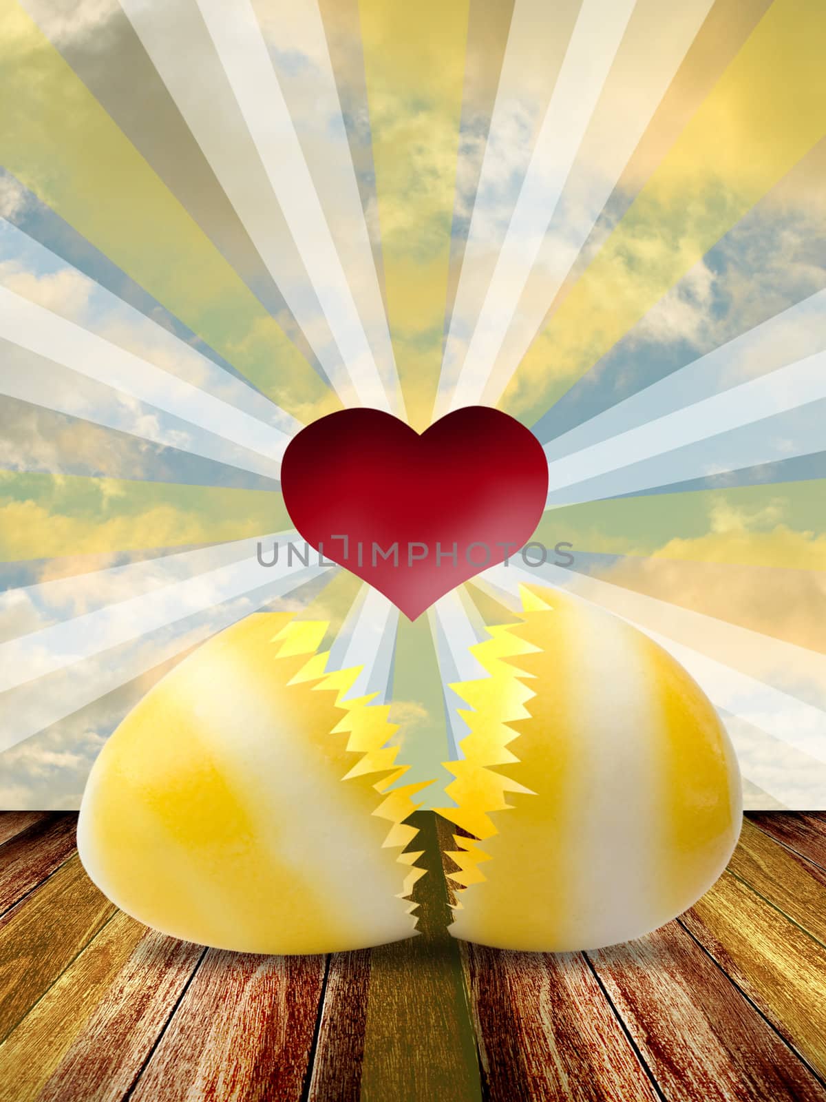 Red heart inside easter egg with lighting shine, Easter concept