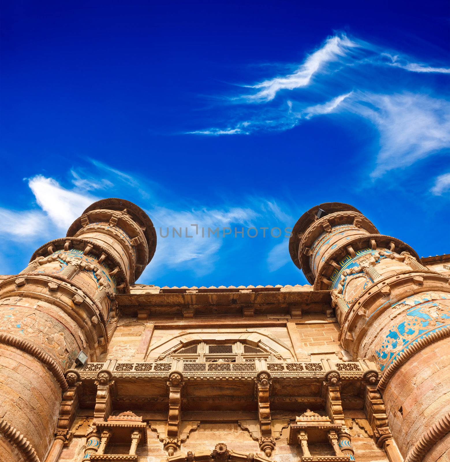 Mughal architecture - Gwalior fort entrance towers. Gwalior, Madhya Pradesh, India