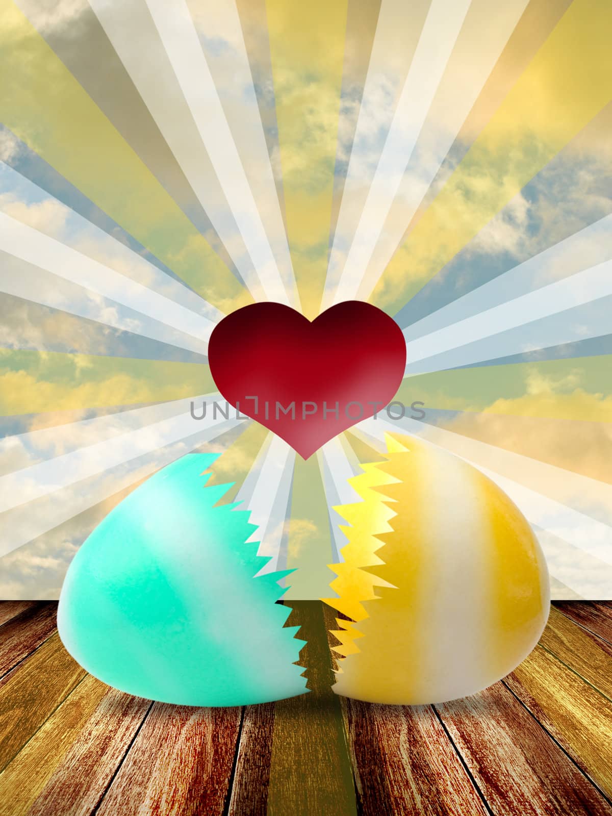 Red heart inside easter egg with lighting shine, Easter concept