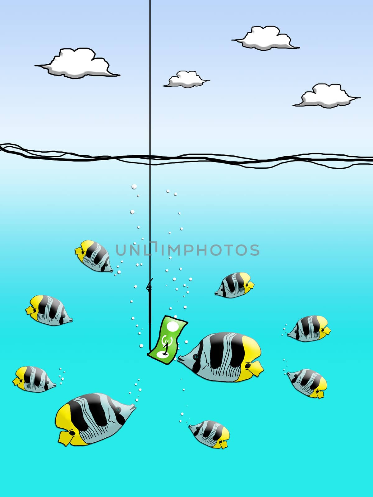 Empty fishing hook with fish enclose, Trap concept