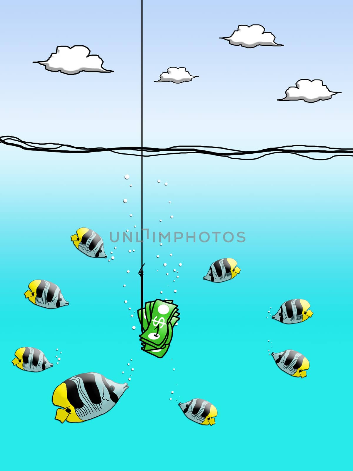 Dollar cash on fishing hook with fish enclose by pixbox77