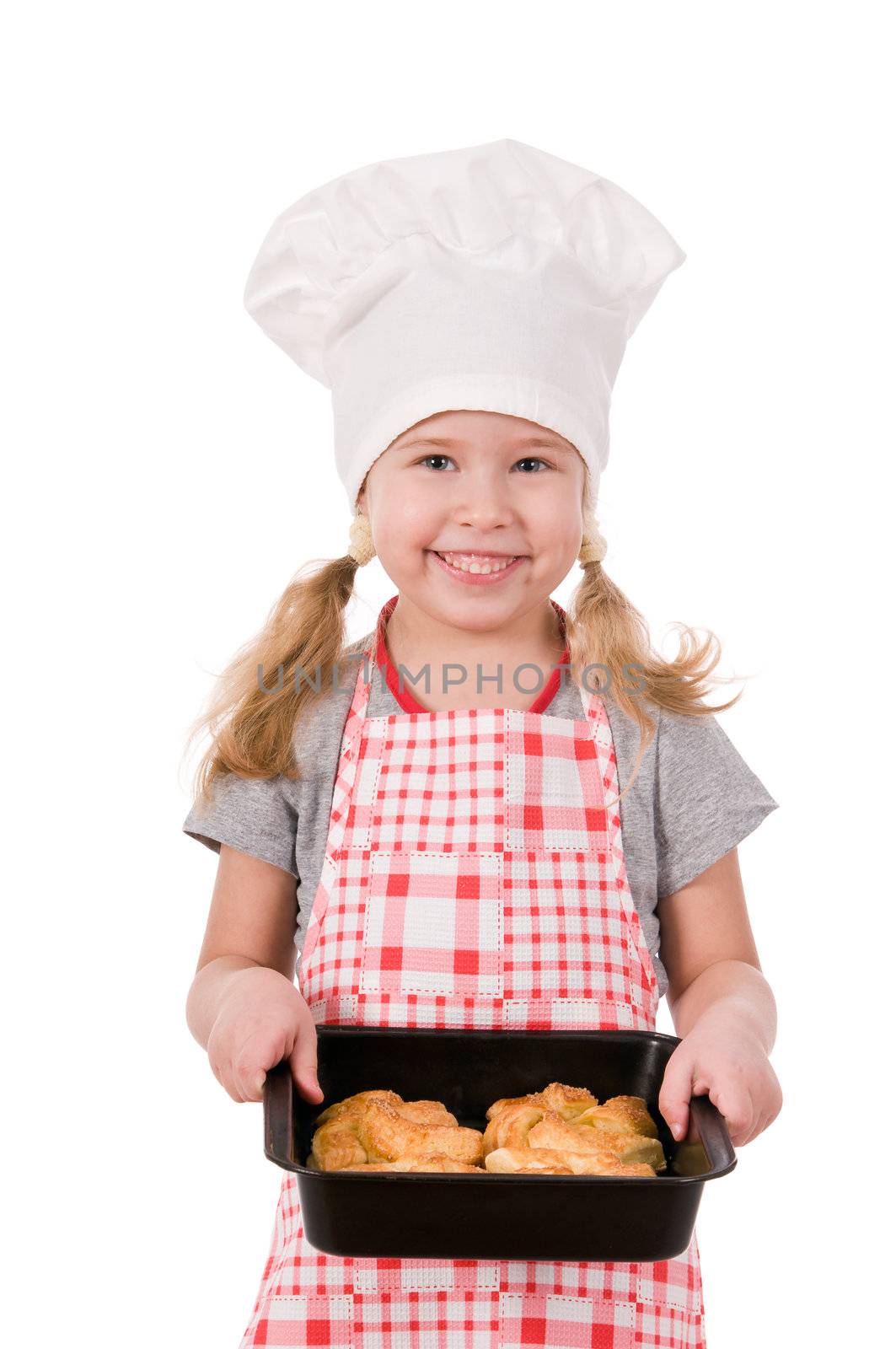 girl in chef's hat with baking  isolated on white background