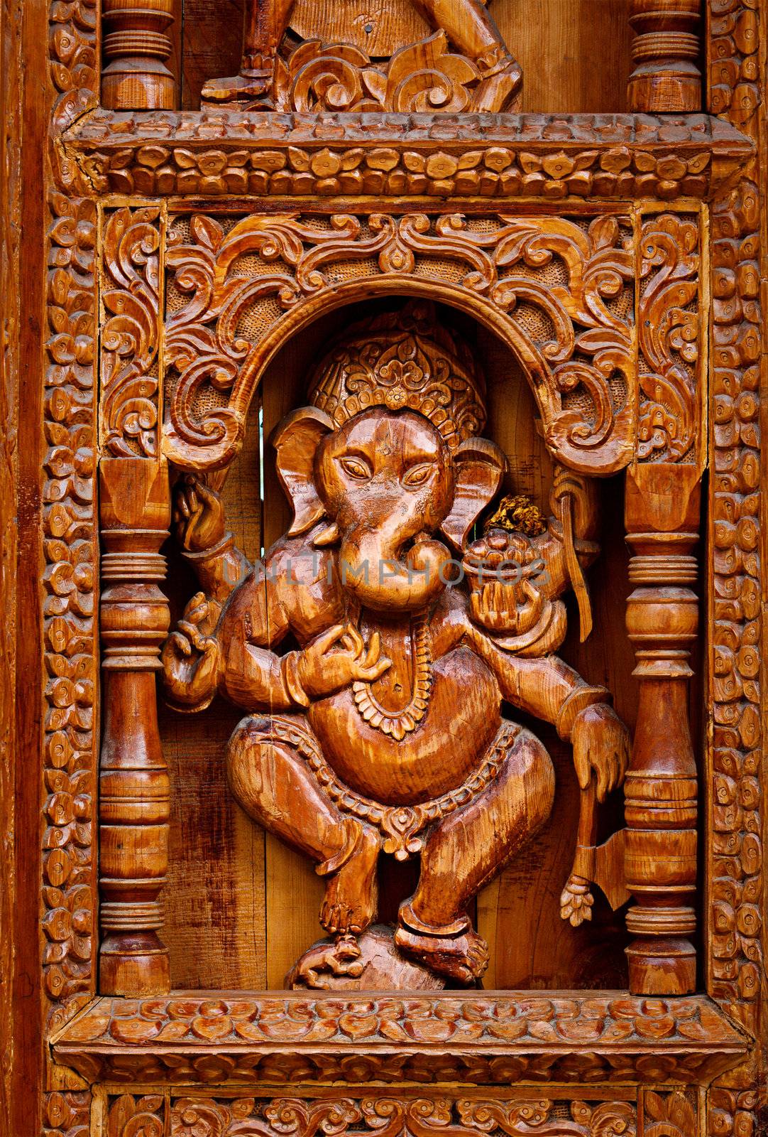 Ganesh - wood caring in Hinde temple in Himachal Pradesh, India