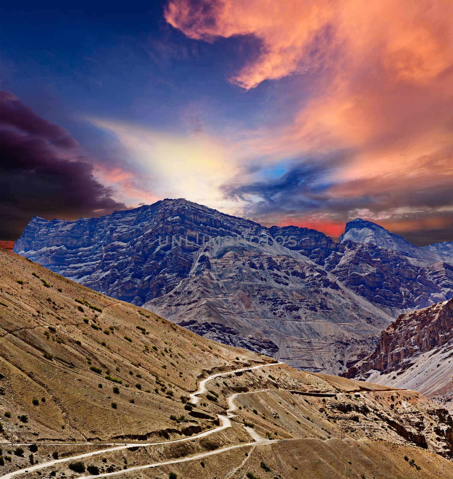 Road in mountains (Himalayas). Spiti Valley,  Himachal Pradesh, India