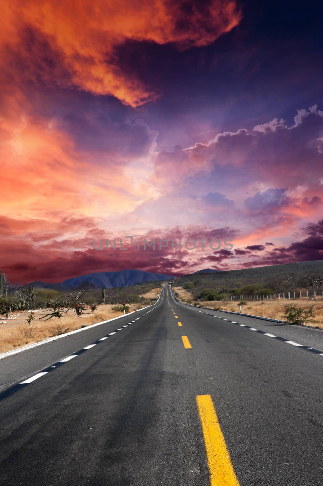 Road in desert with dramatic sky