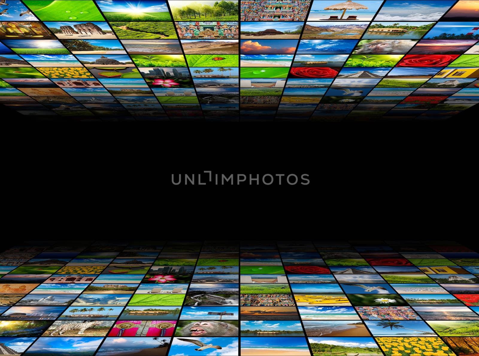 Abstract multimedia background composed of many images with copyspace in the center