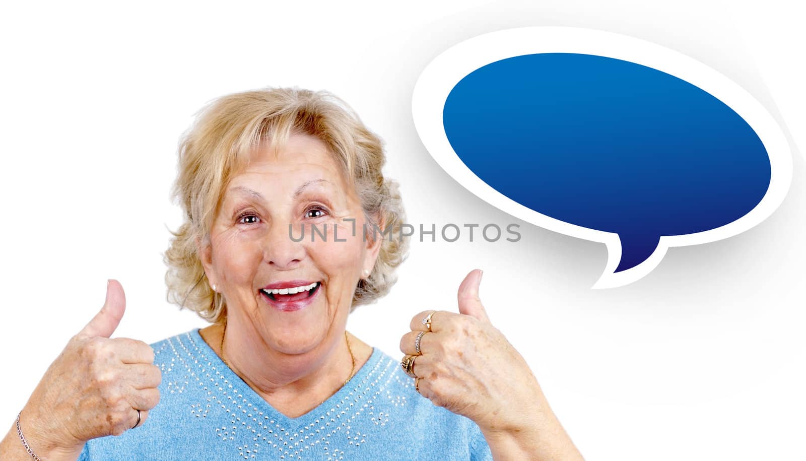 Happy senior woman giving two thumbs up as sign of approval.