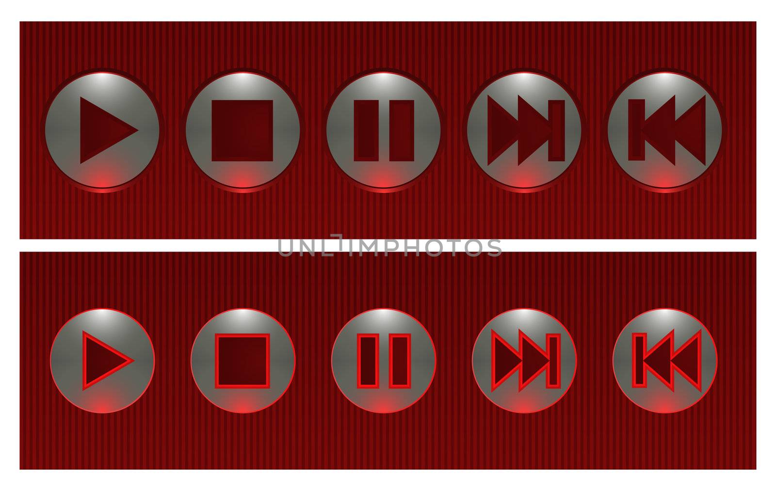 Set of red and silver vector buttons, on and off