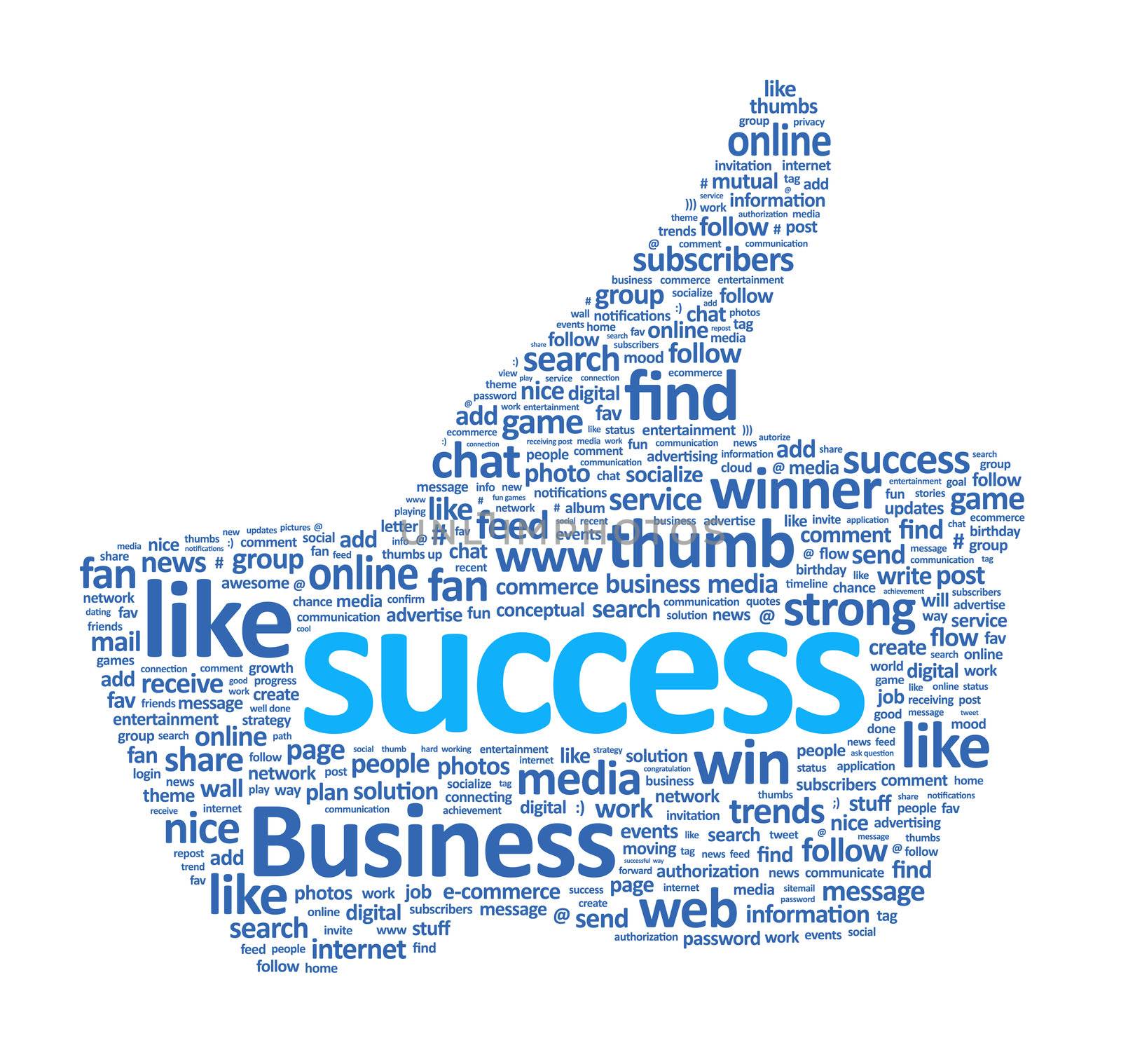  Success thumb up sign is made of various single words. Isolated on white.
