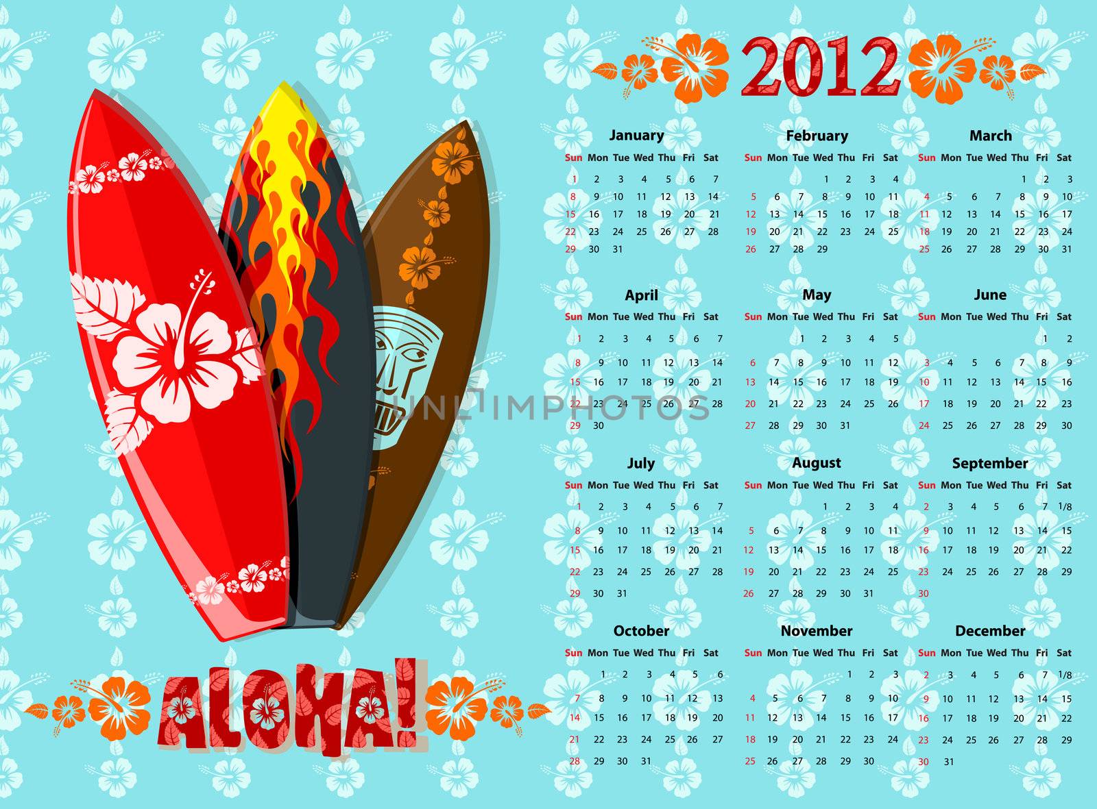 American blue Aloha vector calendar 2012 with surf boards, starting from Sundays