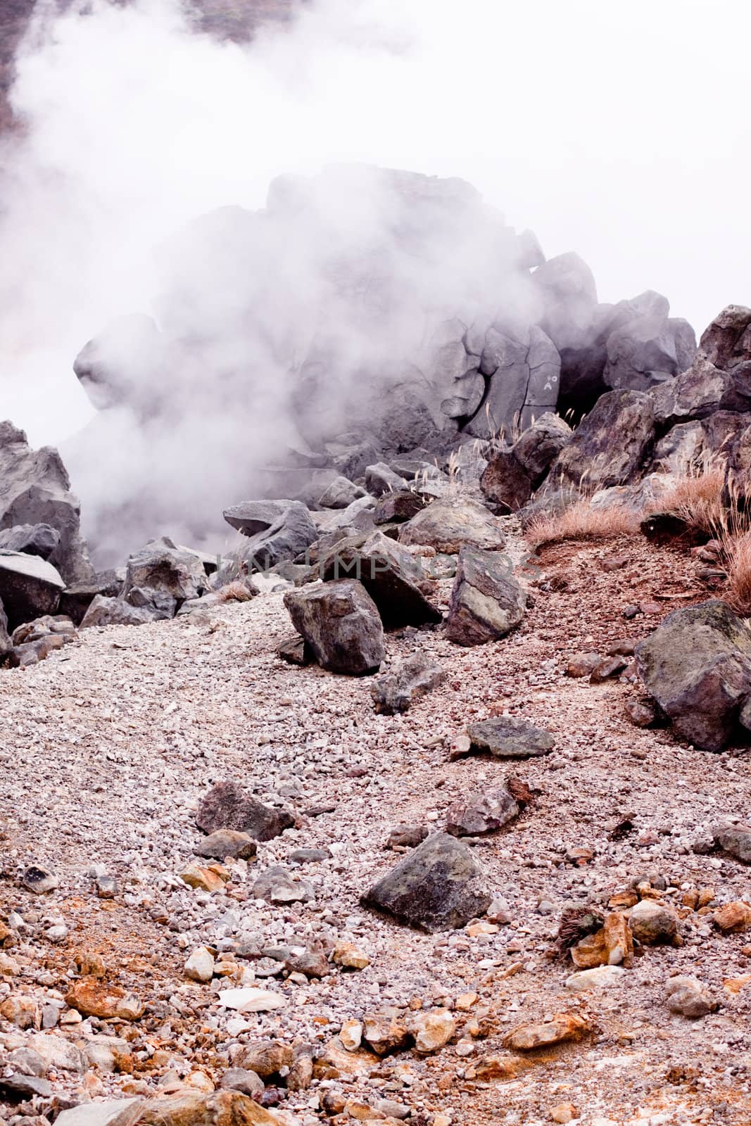 A valley of geysers in japanese mouintains
