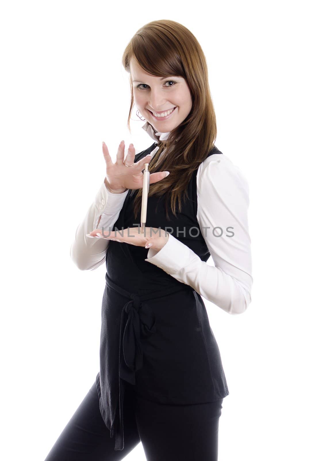 Cheerful attractive woman with ballpoint pen. Isolated on white.