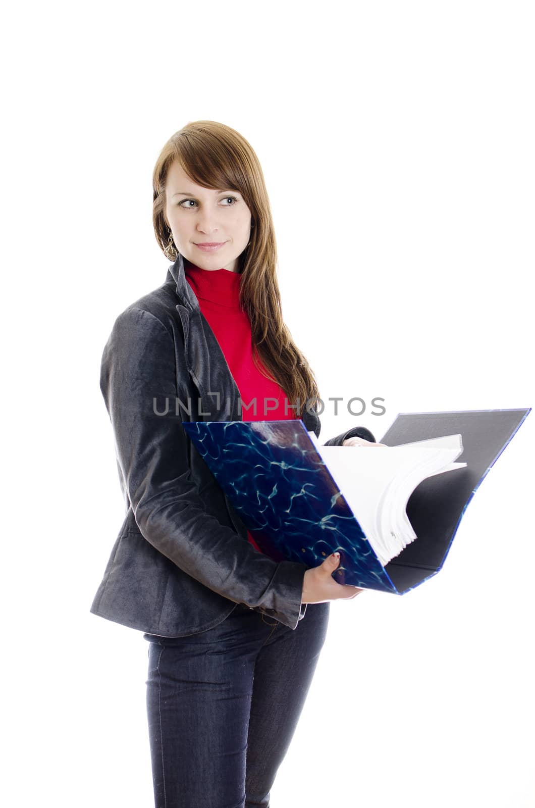 Attractive secretary with a folder of documents. Isolated on white.