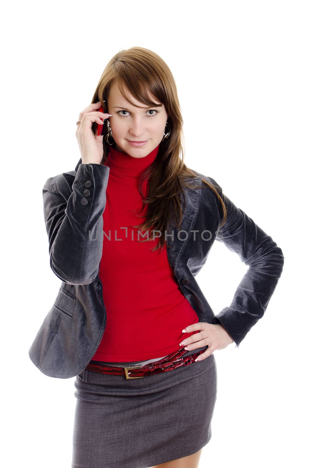 Business woman talking by mobile phone. Isolated on white.