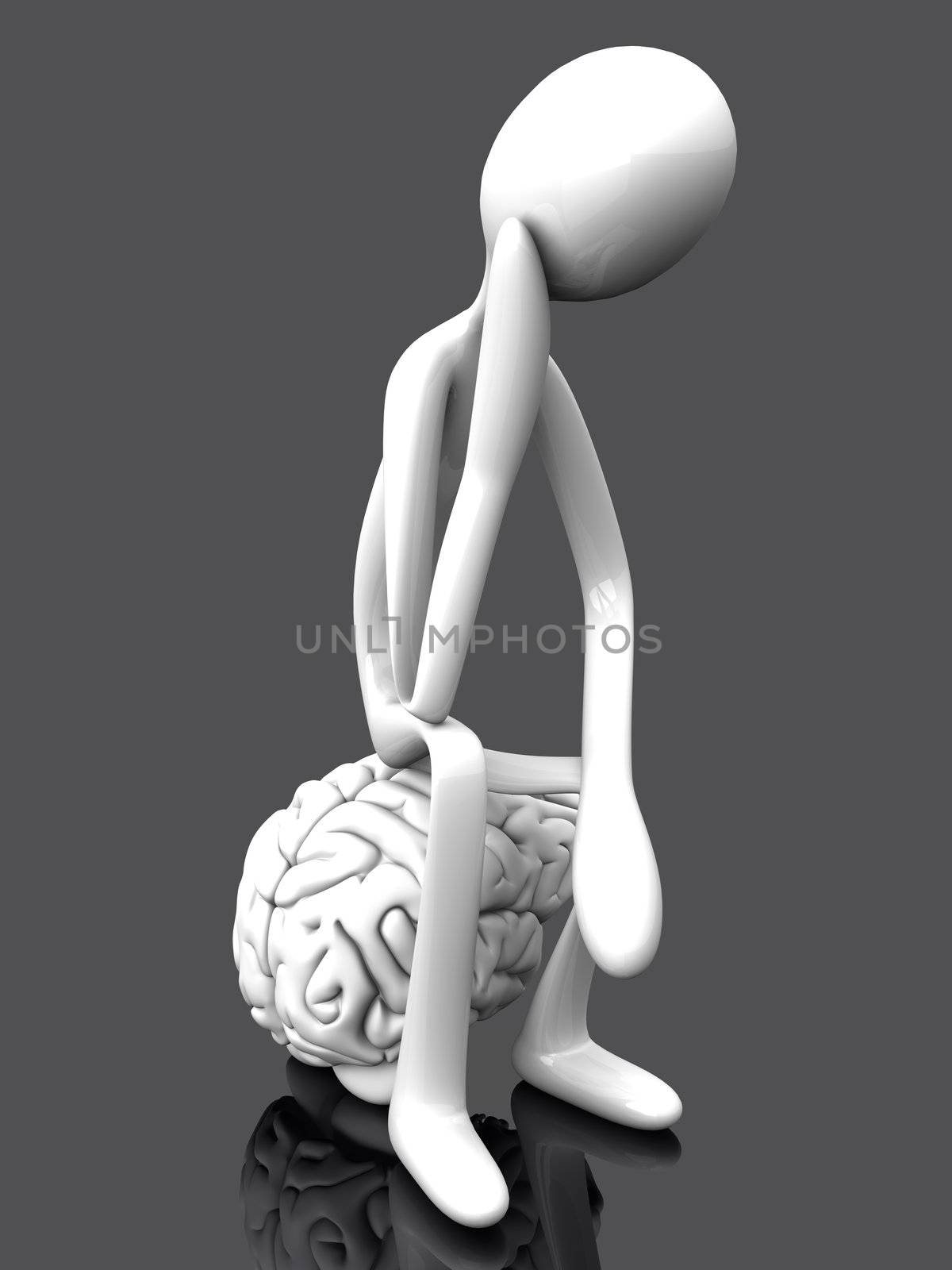 A cartoon figure con a huge brain. 3D rendered illustration. 