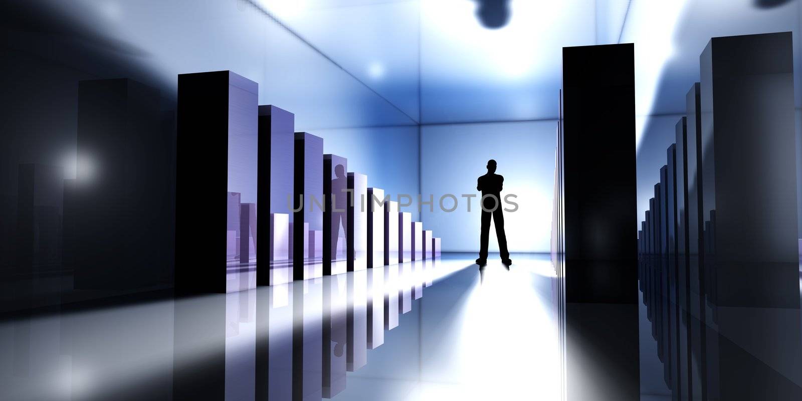 3D rendered Illustration. A Man standing inbetween growing Charts.
