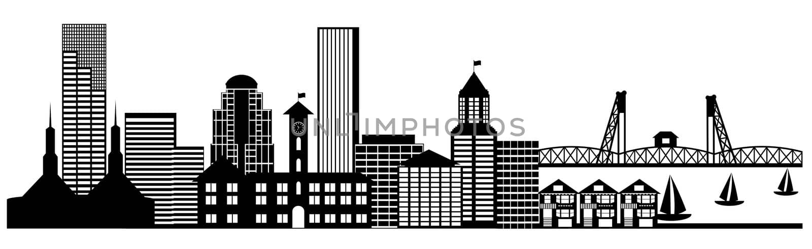 Portland City Skyline Oregon Panorama Black and White Silhouette Clip Art Illustration