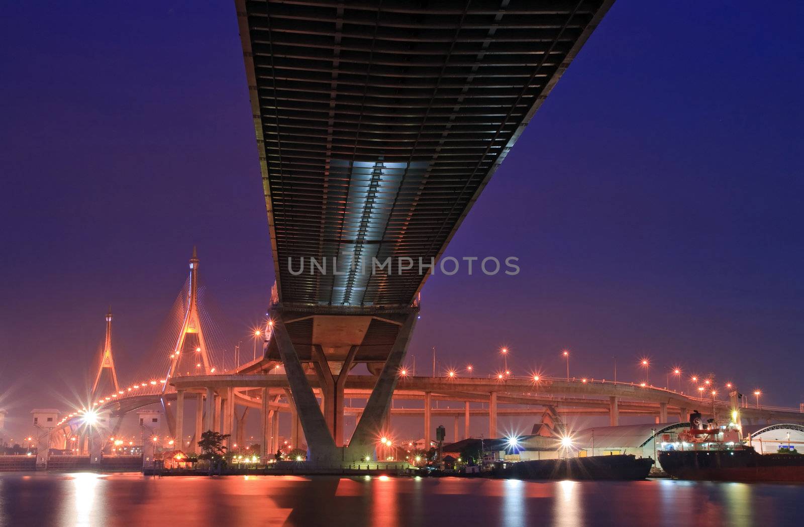 Landscape of Industrial Ring Bridge or Mega Bridge at dusk in Thailand. The Bridge cross over Bangkok Harbor