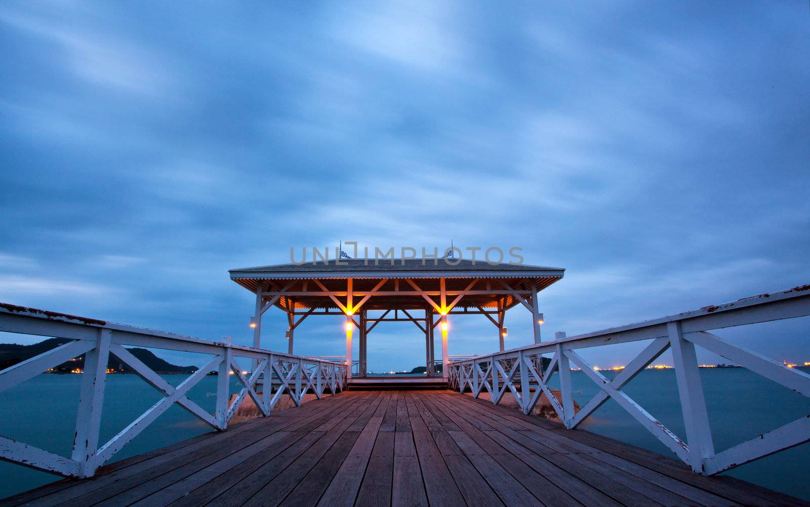 jetty walkway with pavillion at dusk, Srichang Island Pattaya Thailand