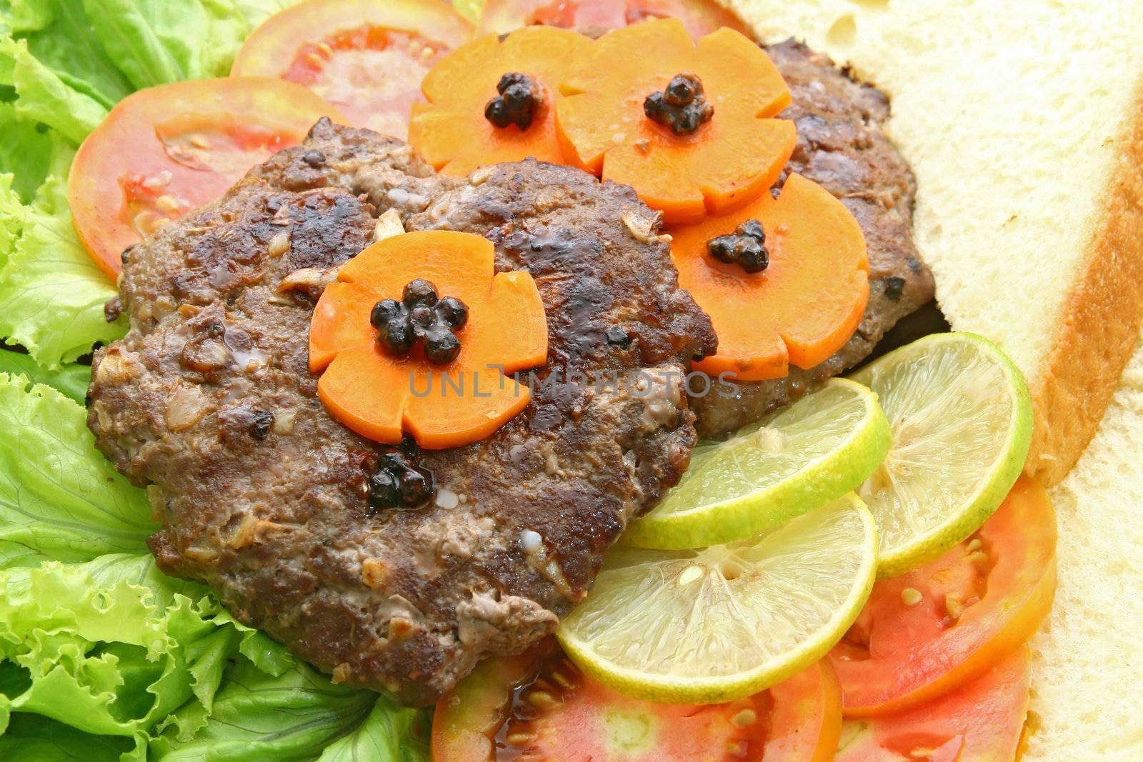 Grill Beef Hamburger with vegetable and bread, closeup