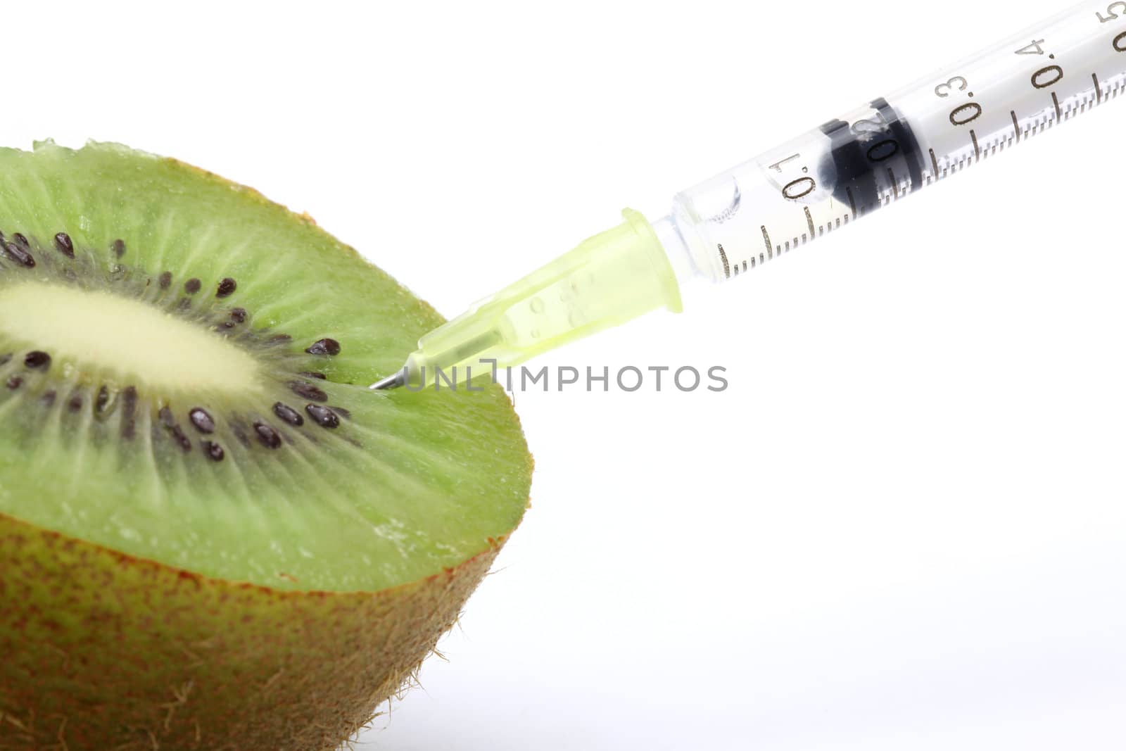 Genetic food engineering concept with Kiwi & syringe