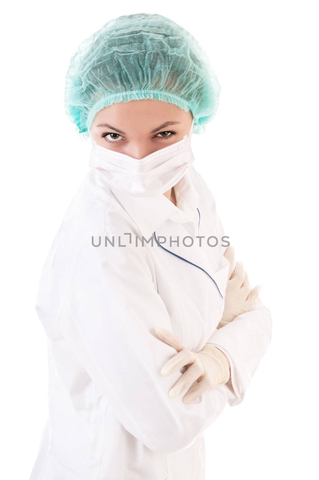 Playful winking doctor isolated on white background