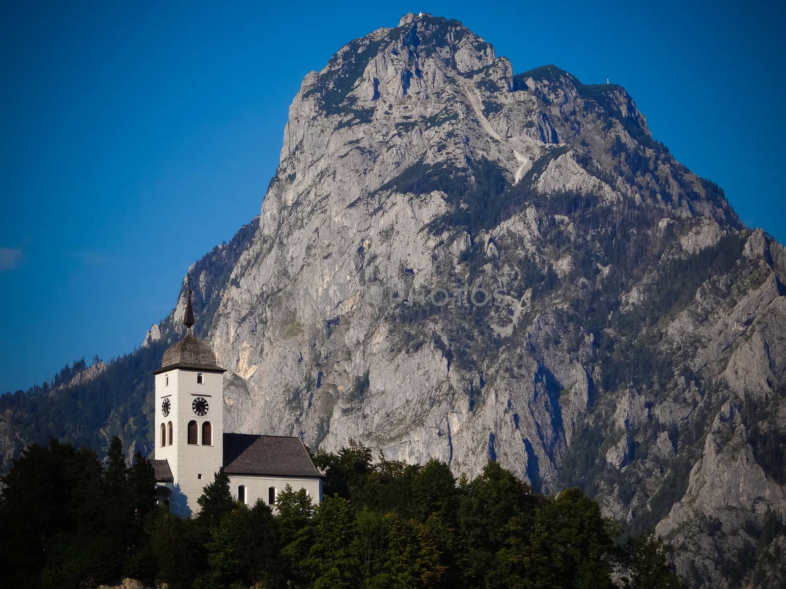 Little chapel next to mountain Traunstein, Austria