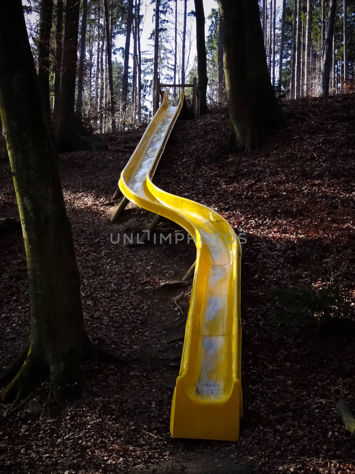A yellow sliding board in the woods