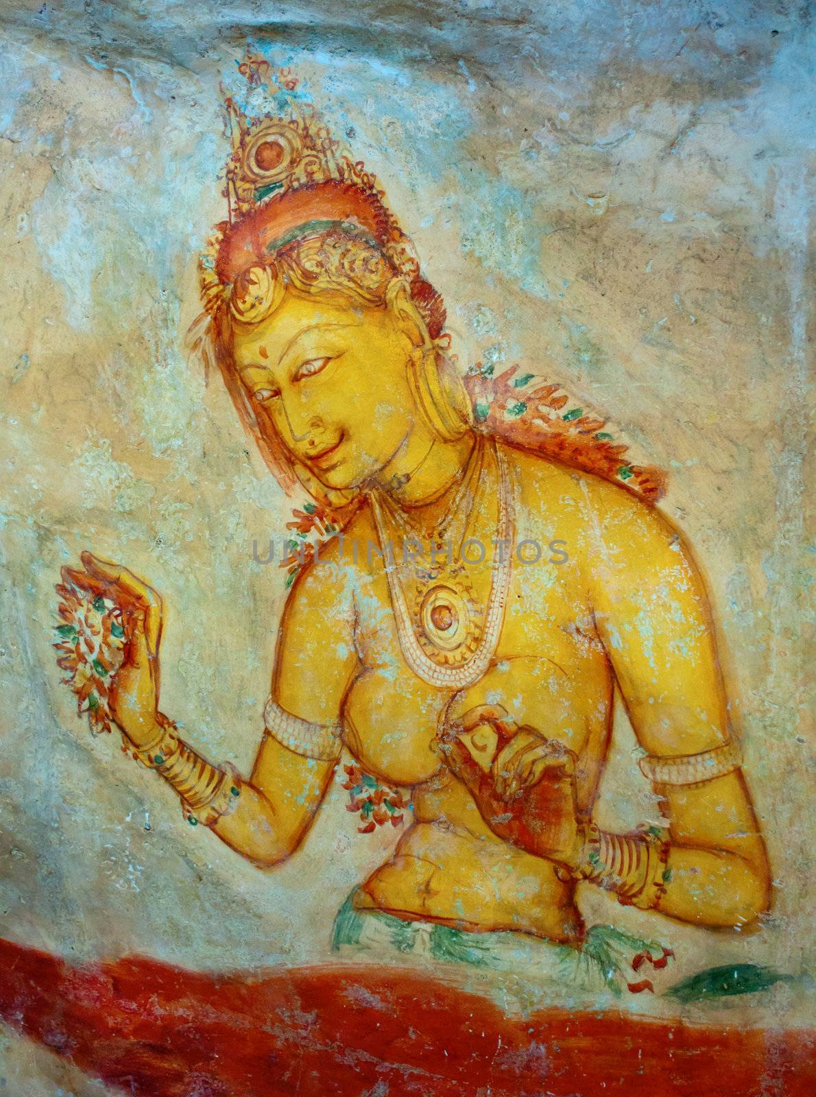 Antique asian fresco with naked woman, Sigiriya, Sri Lanka