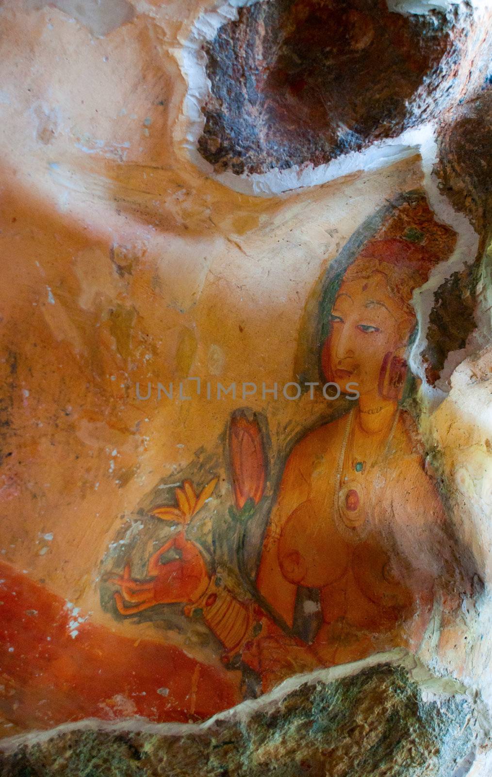 Part of antique asian fresco with naked woman, Sigiriya, Sri Lanka