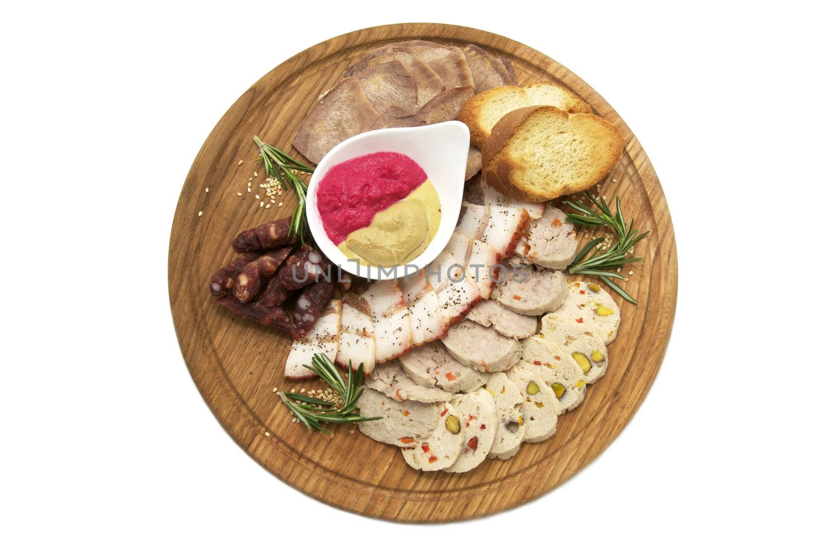plate of cold meats and sauce on a white background