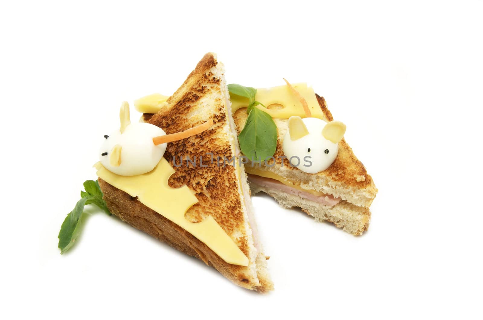 cheese sandwich decorated eggs on a white background