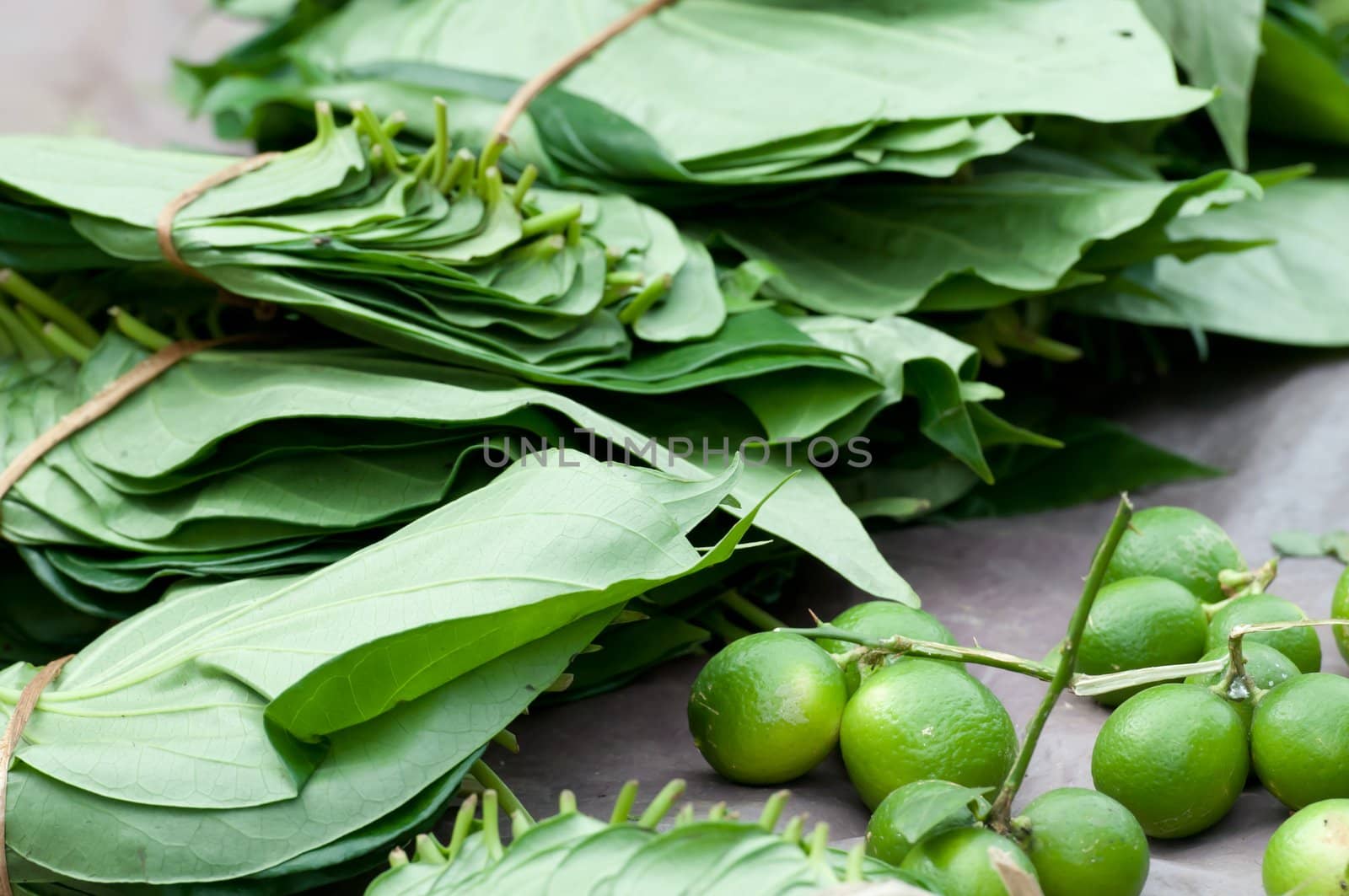 Betel on open market - bunch if leaves and lime. Tradition asian natural chewing gum with narcotic effect